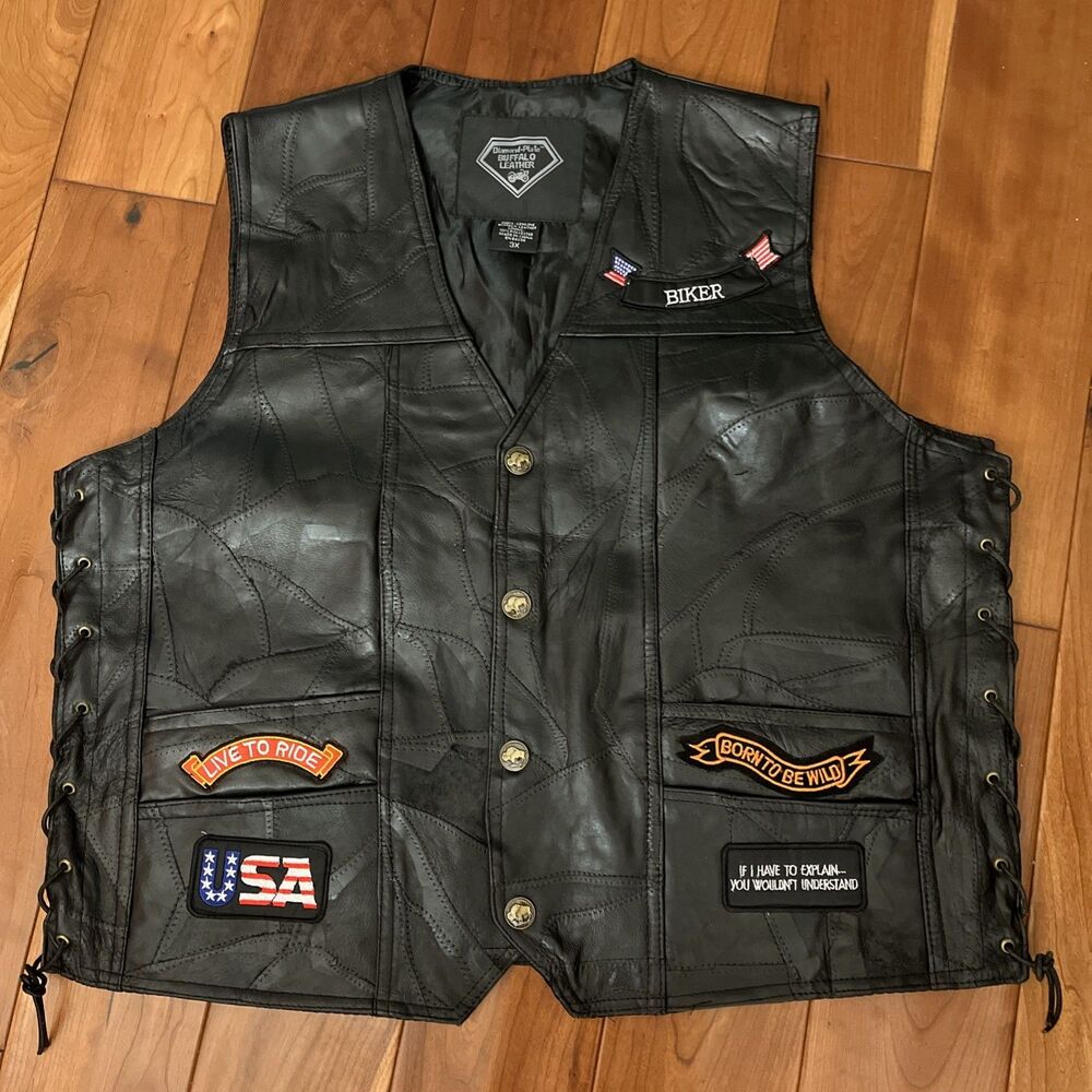 Diamond Plate Buffalo Leather Mens Vest with Patches 3X